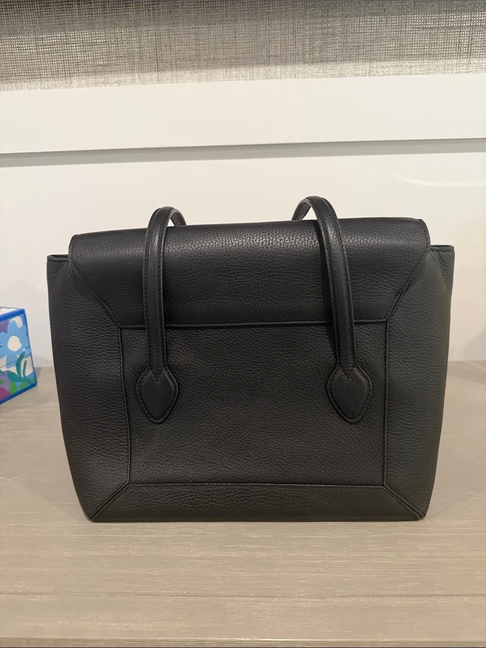 Strathberry Black Pebbled Leather Mosaic Tote with Gold Bar